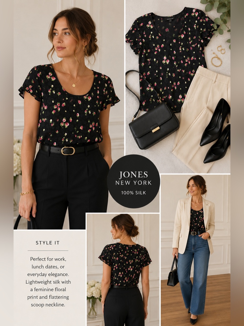Jones New York 100% Silk Black Floral Scoop Neck Blouse Size 6 - Picture 2 of 13